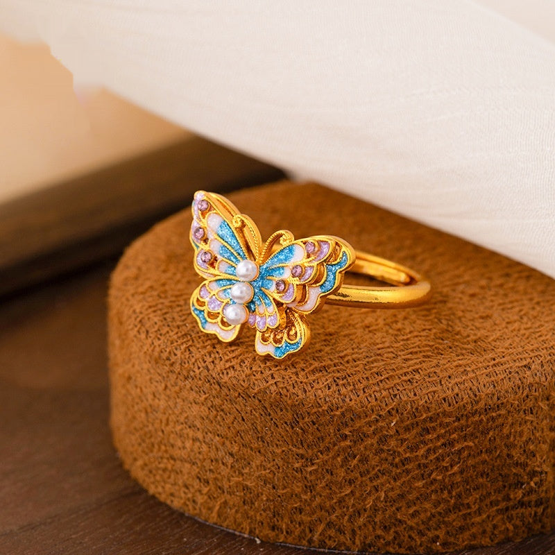 Long-Lasting Color Traditional Sand-Gold Enamel Gradient Pearl Butterfly Ring