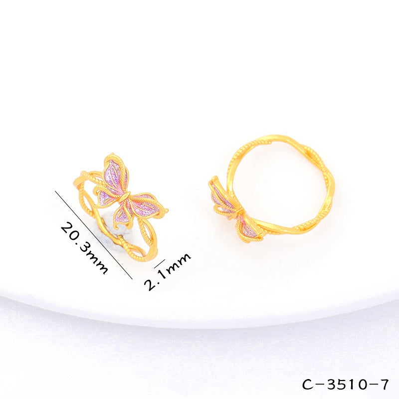 Long-Lasting Color Traditional Sand-Gold Enamel Gradient Pearl Butterfly Ring