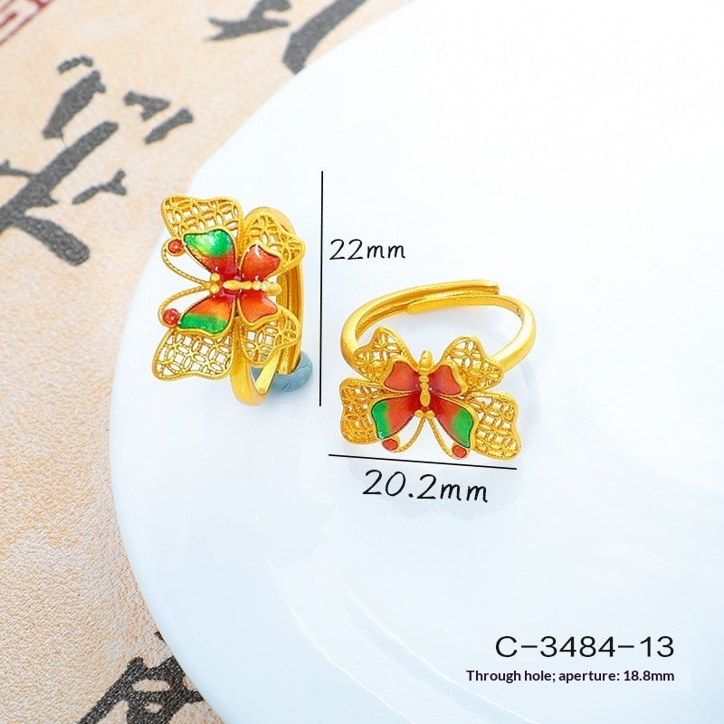 Long-Lasting Color Traditional Sand-Gold Enamel Gradient Pearl Butterfly Ring