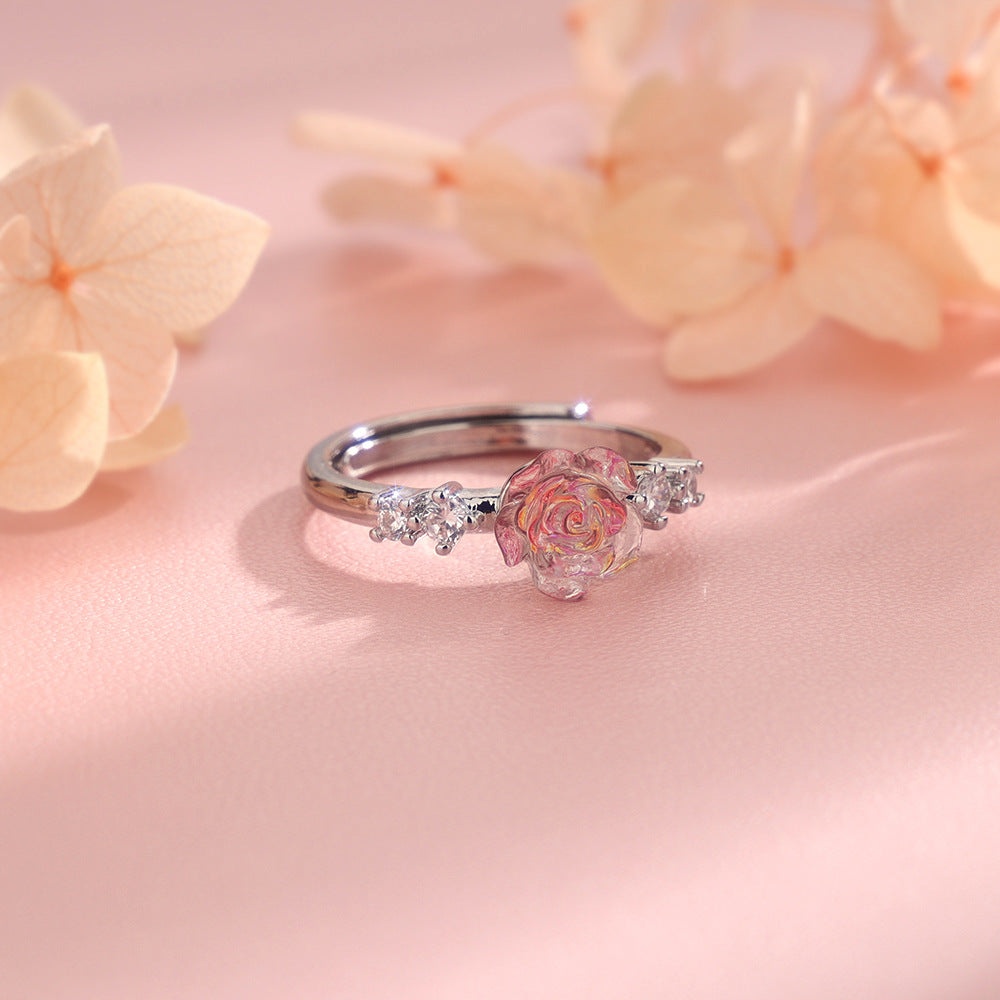 Elegant And Fashionable Colorful Zircon Pink Rose Flower Ring With Diamonds For Women