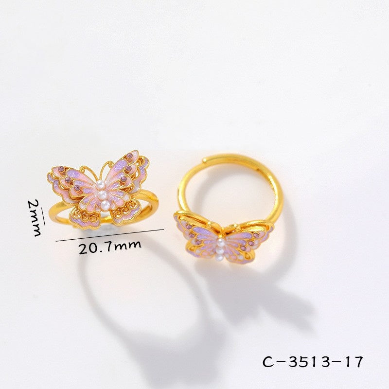 Long-Lasting Color Traditional Sand-Gold Enamel Gradient Pearl Butterfly Ring