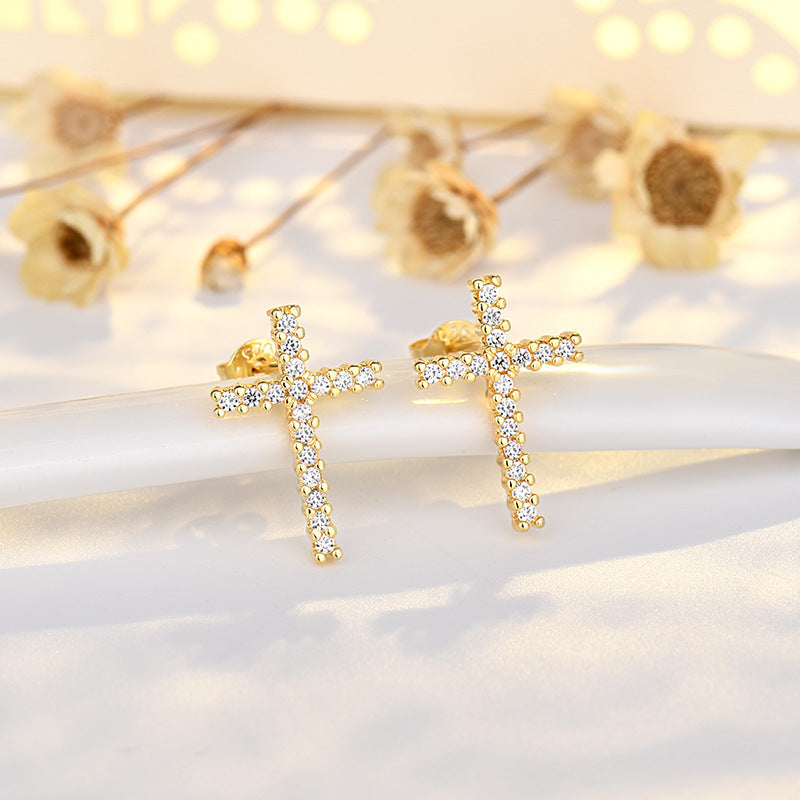 Halo Stone Heart-Shaped Minimalist Cross Earrings