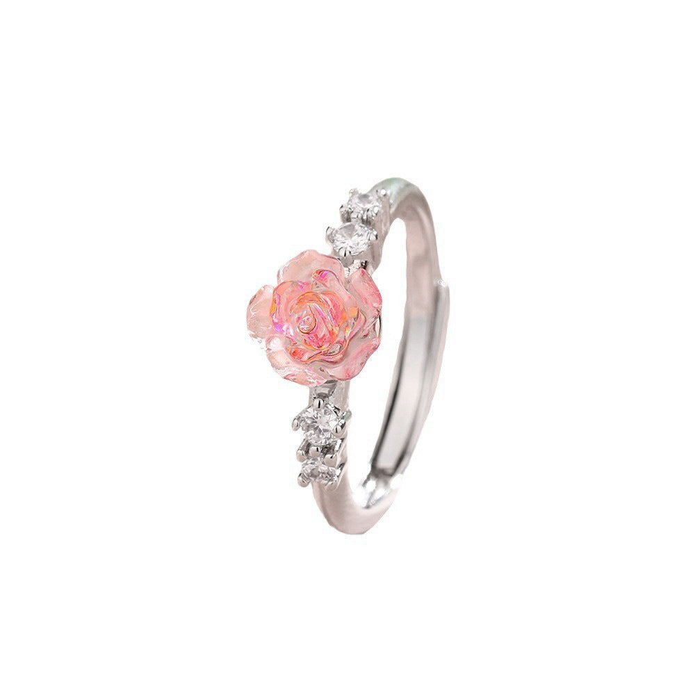 Elegant And Fashionable Colorful Zircon Pink Rose Flower Ring With Diamonds For Women