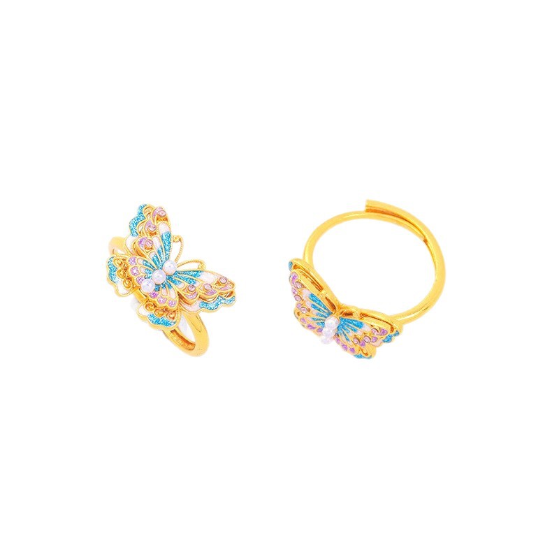 Long-Lasting Color Traditional Sand-Gold Enamel Gradient Pearl Butterfly Ring