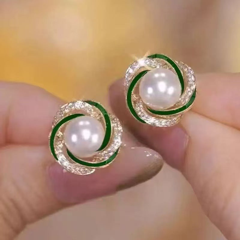 Light Luxury Diamond-Encrusted Red Pearl Earrings Womens Versatile And Fashionable