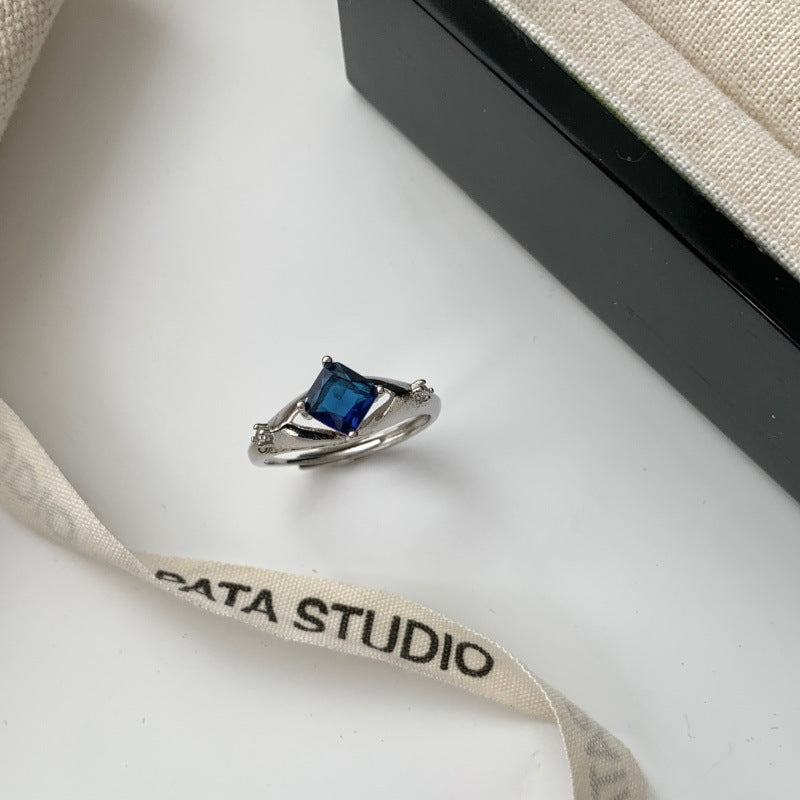 Minimalist Glossy Multicolor Gemstone Square Ring For Women, Luxury INS Style, High-End Open Adjustable Band