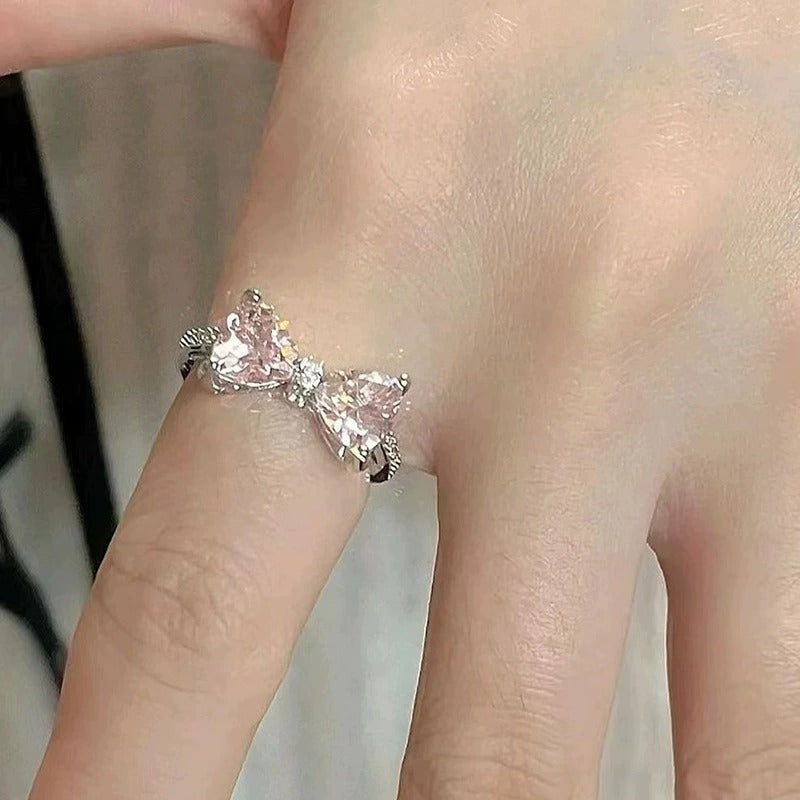 Bow Heart Ring,  Zircon, Open Band For Women,  Hot Sale, Live Streaming Style, French Delicate Micro-set Finger Ring