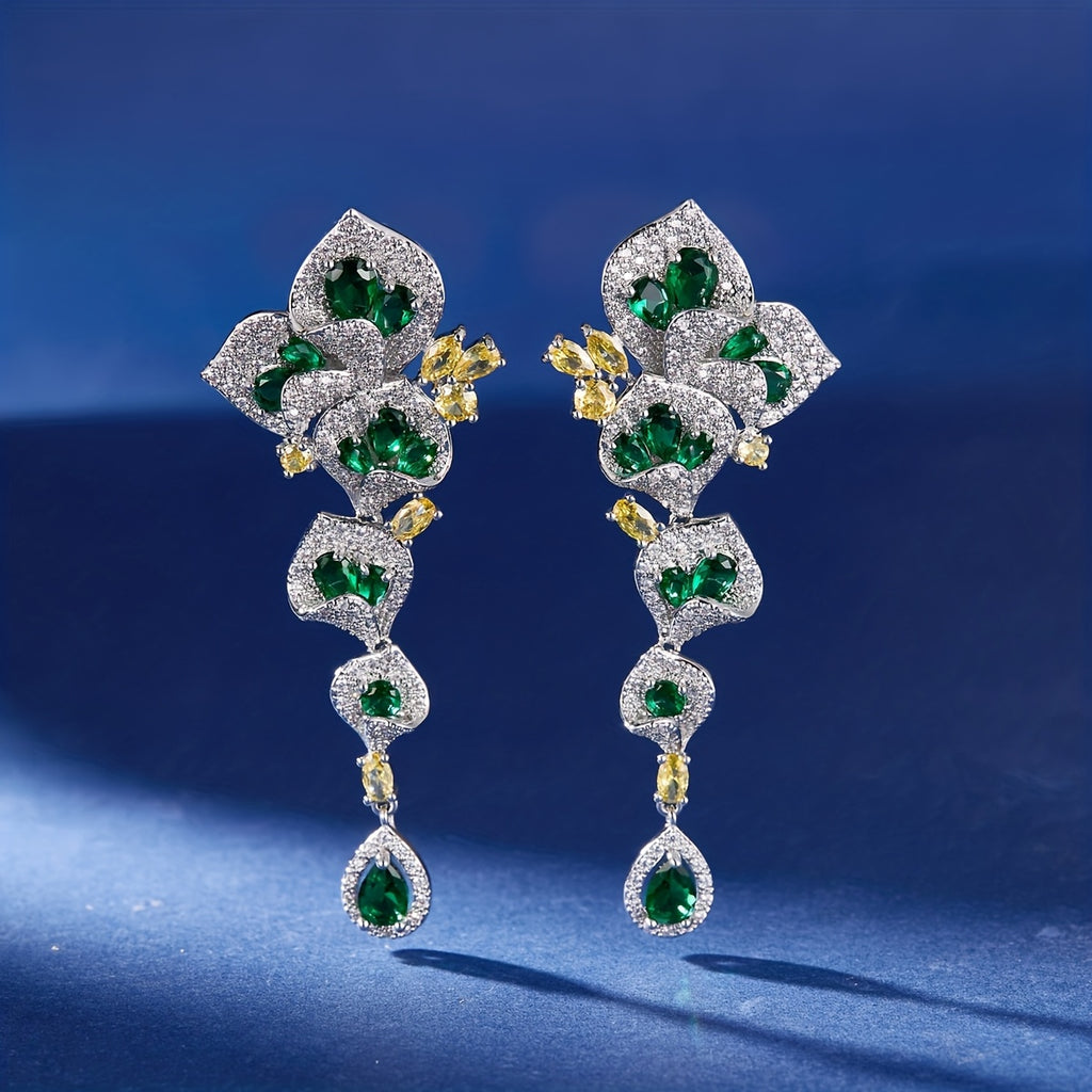 1 Pair Gorgeous Long Dangle Flower Earrings, Cubic Zirconia Earrings For Women, Fashion Party Prom Dress Jewelry, Birthday Holiday Gift