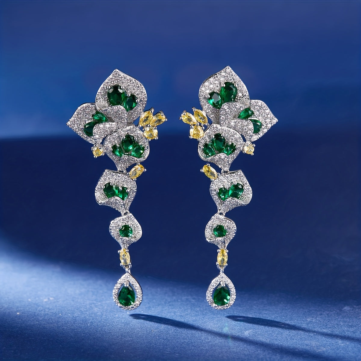 1 Pair Gorgeous Long Dangle Flower Earrings, Cubic Zirconia Earrings For Women, Fashion Party Prom Dress Jewelry, Birthday Holiday Gift