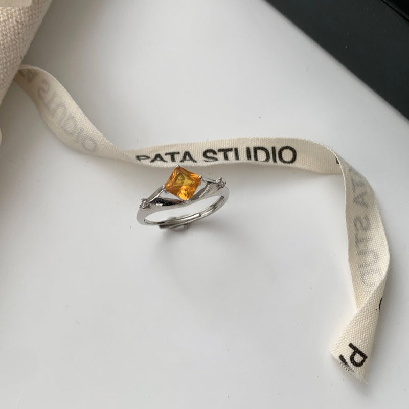 Minimalist Glossy Multicolor Gemstone Square Ring For Women, Luxury INS Style, High-End Open Adjustable Band