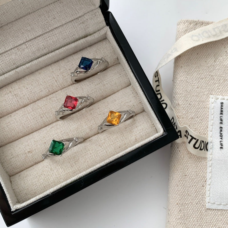 Minimalist Glossy Multicolor Gemstone Square Ring For Women, Luxury INS Style, High-End Open Adjustable Band