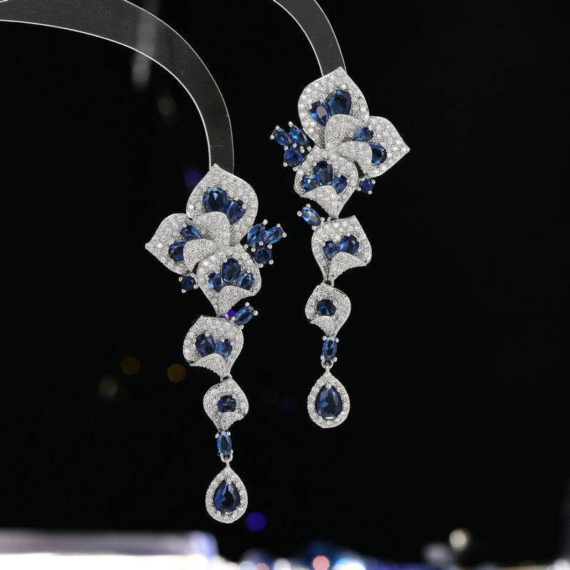 1 Pair Gorgeous Long Dangle Flower Earrings, Cubic Zirconia Earrings For Women, Fashion Party Prom Dress Jewelry, Birthday Holiday Gift