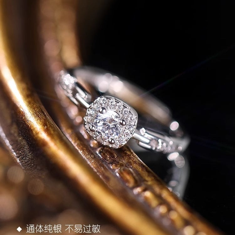 S999 Pure Silver Full Zircon Square Sugar Ring For Women, Niche INS Style, Light Luxury Premium Square Zircon Chain Index Finger Ring