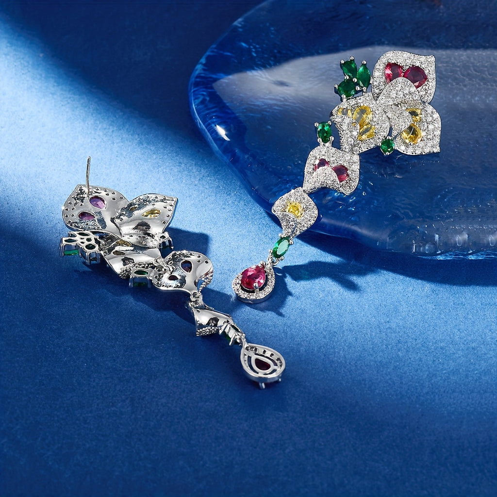 1 Pair Gorgeous Long Dangle Flower Earrings, Cubic Zirconia Earrings For Women, Fashion Party Prom Dress Jewelry, Birthday Holiday Gift