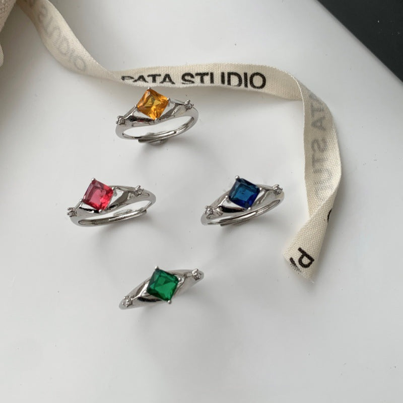 Minimalist Glossy Multicolor Gemstone Square Ring For Women, Luxury INS Style, High-End Open Adjustable Band
