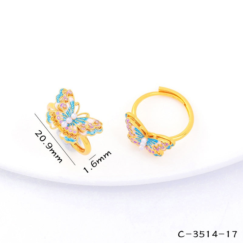 Long-Lasting Color Traditional Sand-Gold Enamel Gradient Pearl Butterfly Ring