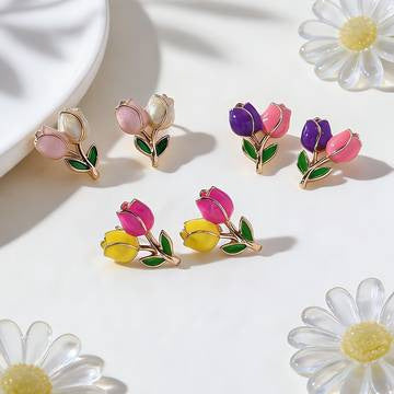 Instagram-style Sweet Contrast-color Drip-glaze Tulip Flower Earrings