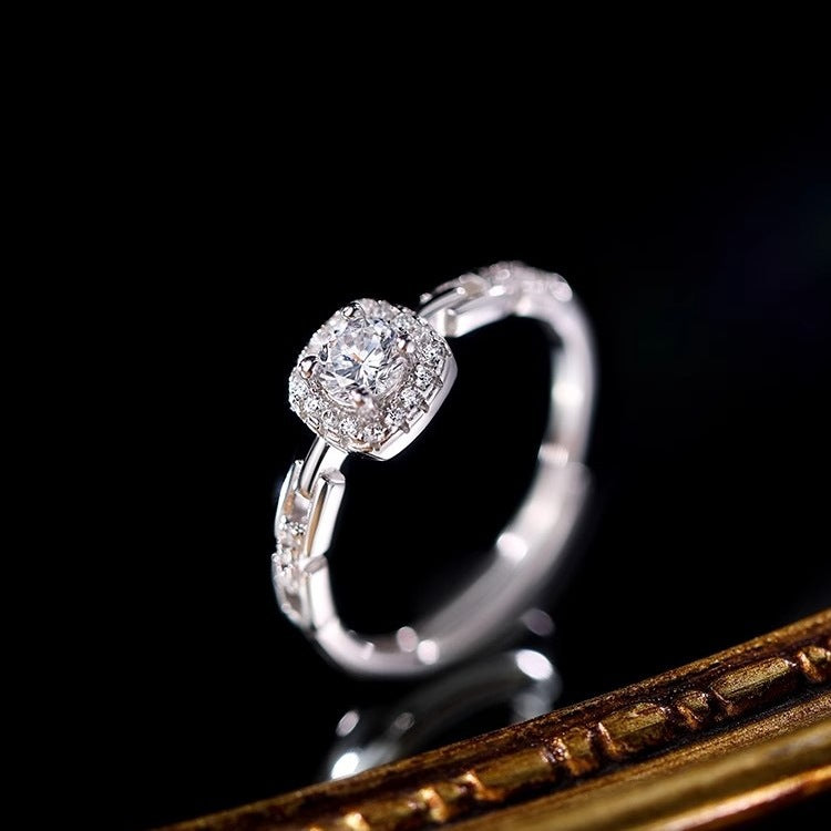 S999 Pure Silver Full Zircon Square Sugar Ring For Women, Niche INS Style, Light Luxury Premium Square Zircon Chain Index Finger Ring