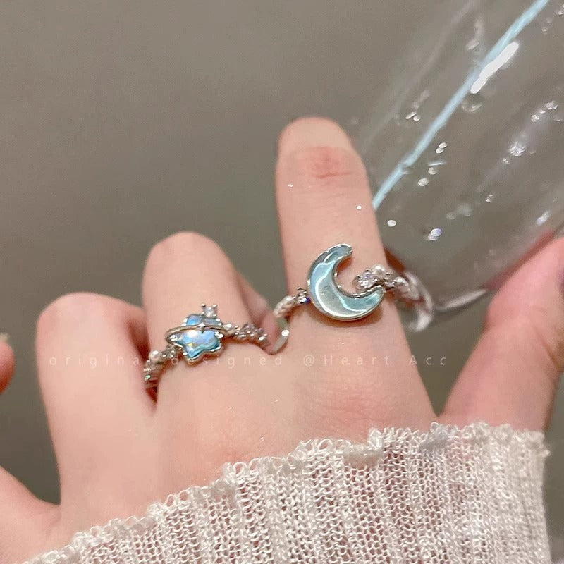 Glacier Blue Star Moon Open Ring For Women, Light Luxury Minimalist High Grade Index Finger Ring