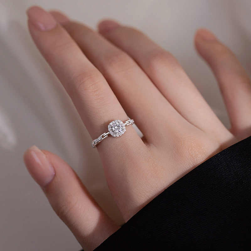 S999 Pure Silver Full Zircon Square Sugar Ring For Women, Niche INS Style, Light Luxury Premium Square Zircon Chain Index Finger Ring