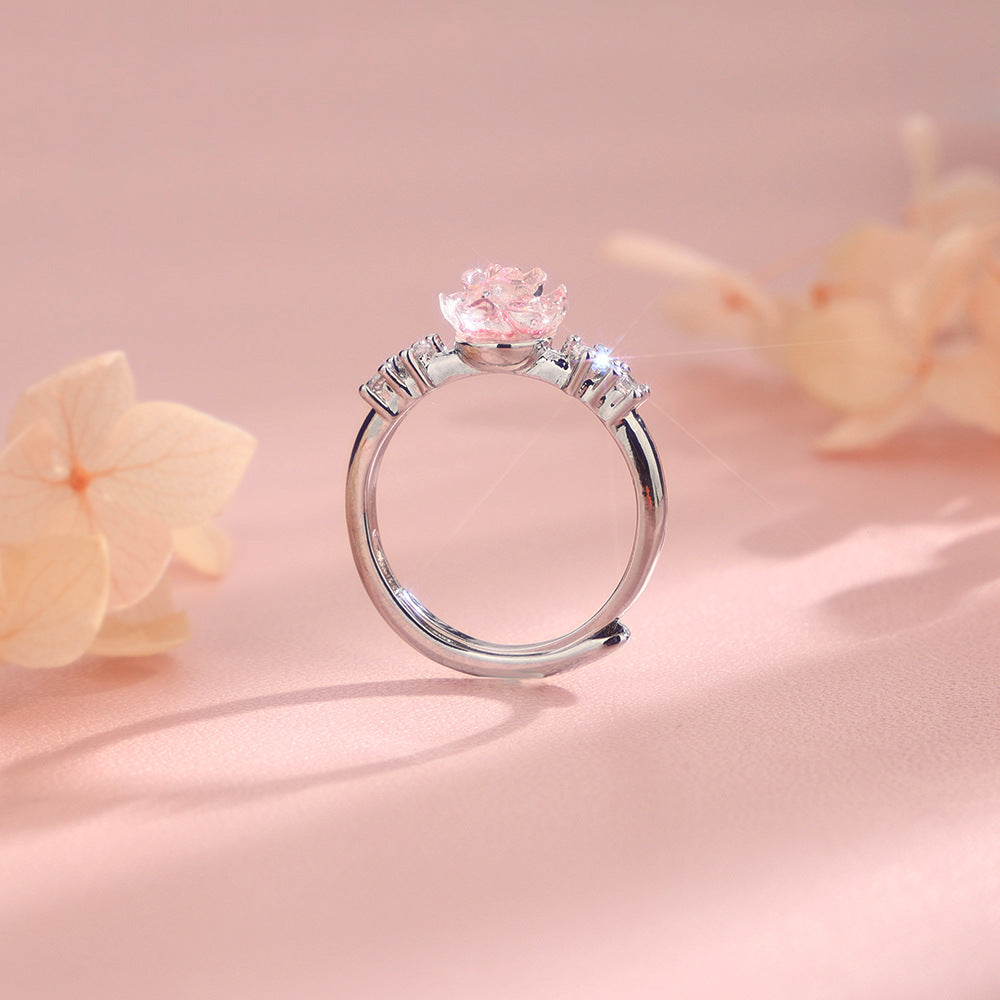 Elegant And Fashionable Colorful Zircon Pink Rose Flower Ring With Diamonds For Women