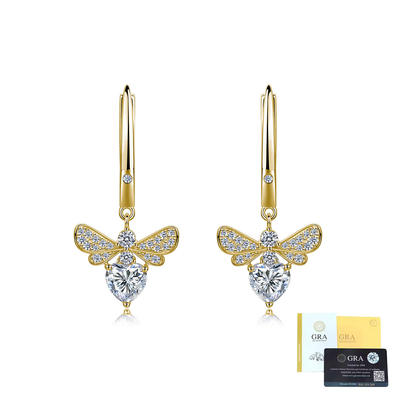 Bee-shaped Ear Hooks Inlaid With Moissanite Hearts