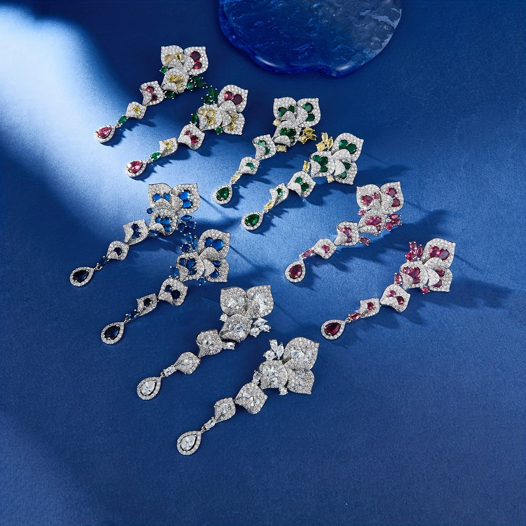 1 Pair Gorgeous Long Dangle Flower Earrings, Cubic Zirconia Earrings For Women, Fashion Party Prom Dress Jewelry, Birthday Holiday Gift