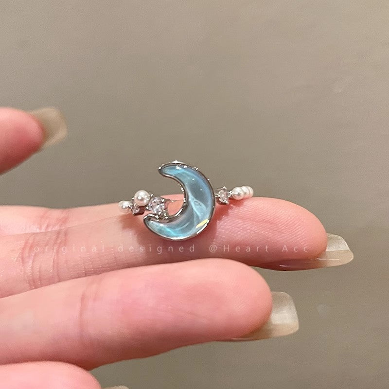 Glacier Blue Star Moon Open Ring For Women, Light Luxury Minimalist High Grade Index Finger Ring