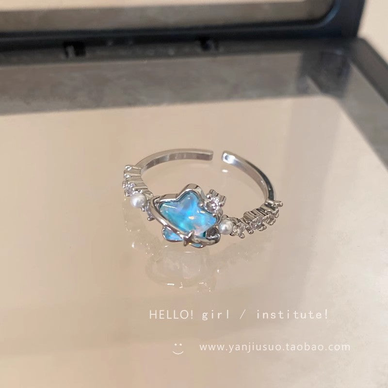 Glacier Blue Star Moon Open Ring For Women, Light Luxury Minimalist High Grade Index Finger Ring