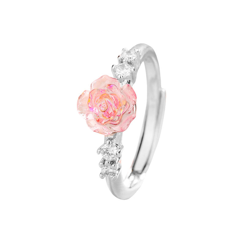 Elegant And Fashionable Colorful Zircon Pink Rose Flower Ring With Diamonds For Women