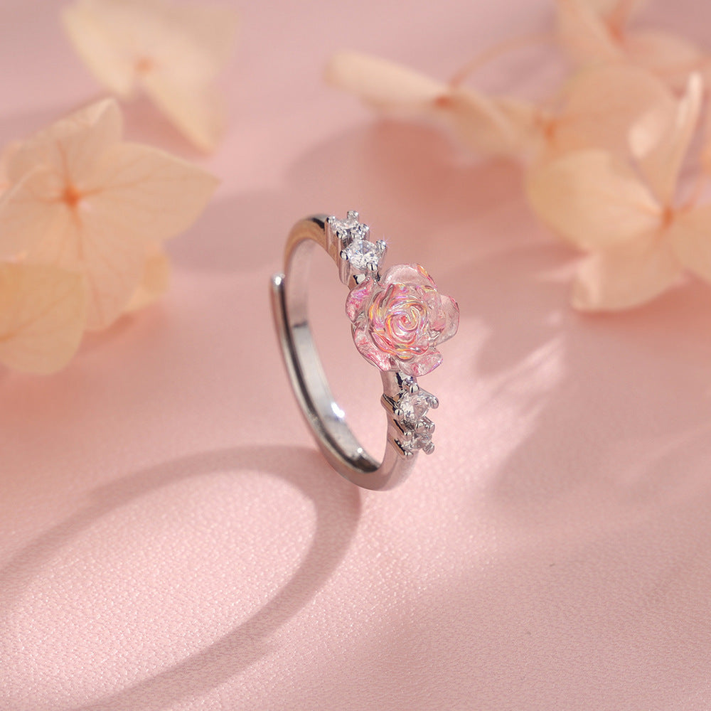 Elegant And Fashionable Colorful Zircon Pink Rose Flower Ring With Diamonds For Women