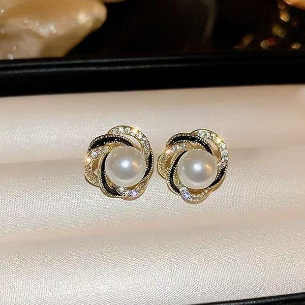 Light Luxury Diamond-Encrusted Red Pearl Earrings Womens Versatile And Fashionable