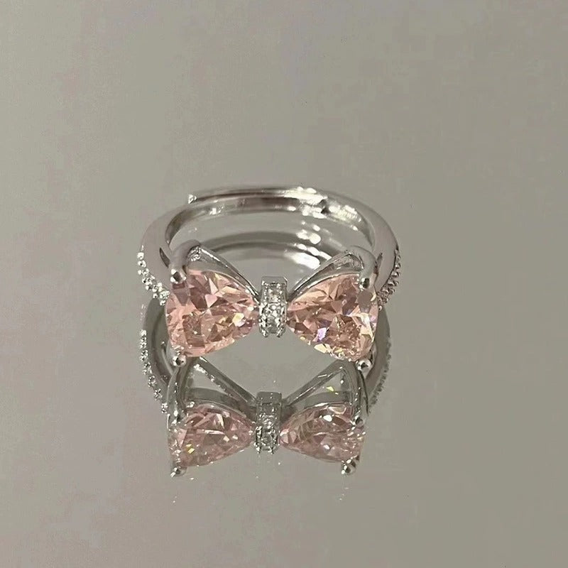 Bow Heart Ring,  Zircon, Open Band For Women,  Hot Sale, Live Streaming Style, French Delicate Micro-set Finger Ring